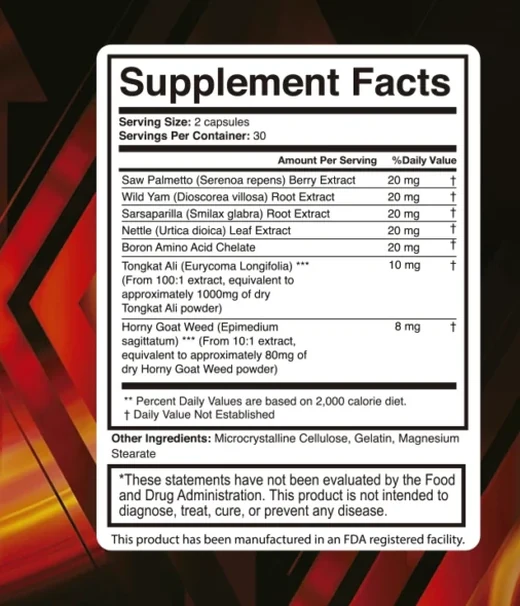 AlphaSteel Supplement Facts label showing Saw Palmetto 20 mg, Wild Yam 20 mg, Sarsaparilla 20 mg, Nettle 20 mg, Boron 20 mg, Tongkat Ali 10 mg and Horny Goat Weed 8 mg